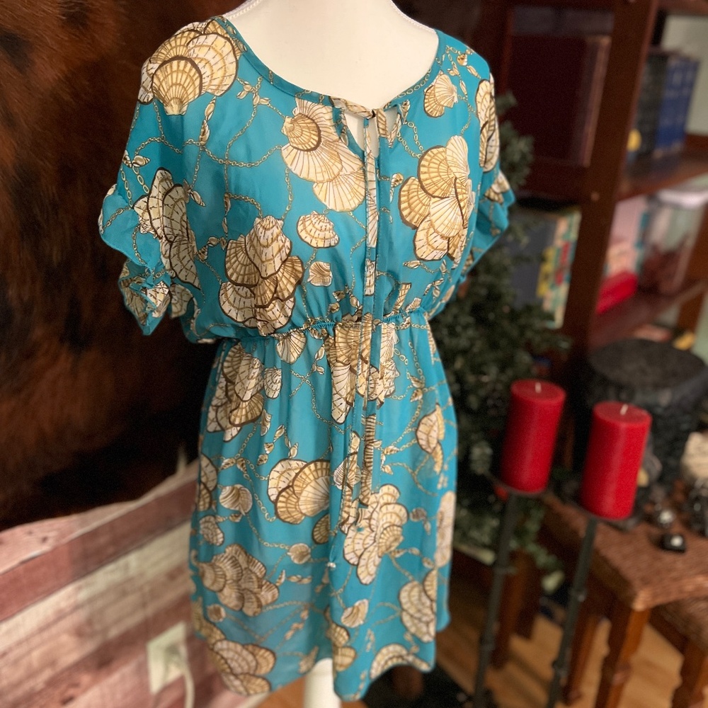 Turquoise Shell Print Bathing Suit Coverup